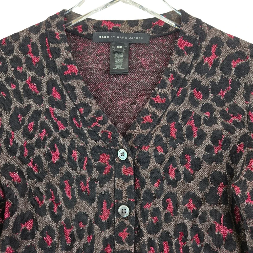 Marc by Marc Jacobs Pink Metallic Leopard Print Wool Blend Cardigan Sweater S XS